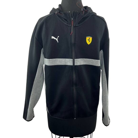Ferrari PUMA Mens Black Gray Front Zip Long Sleeve Hooded Jacket w/ Pockets Sz S - Picture 1 of 7